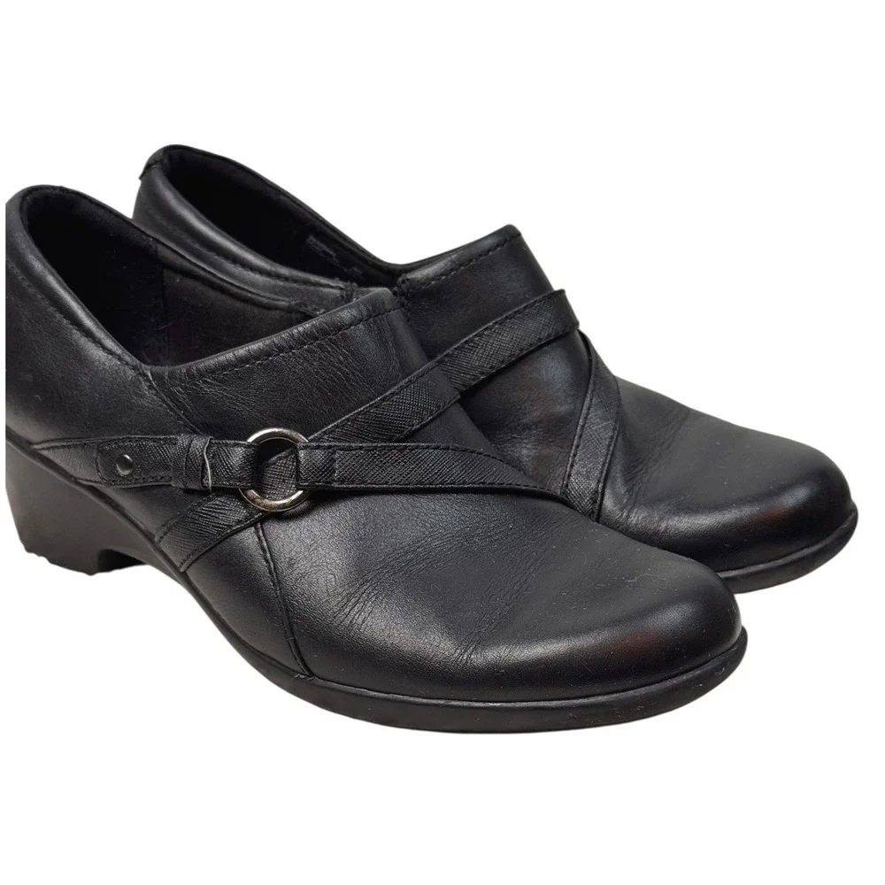 Clarks Loafers Genette Arc Black Leather Women‎ Size 8M Wedge Heel Comfort Shoes